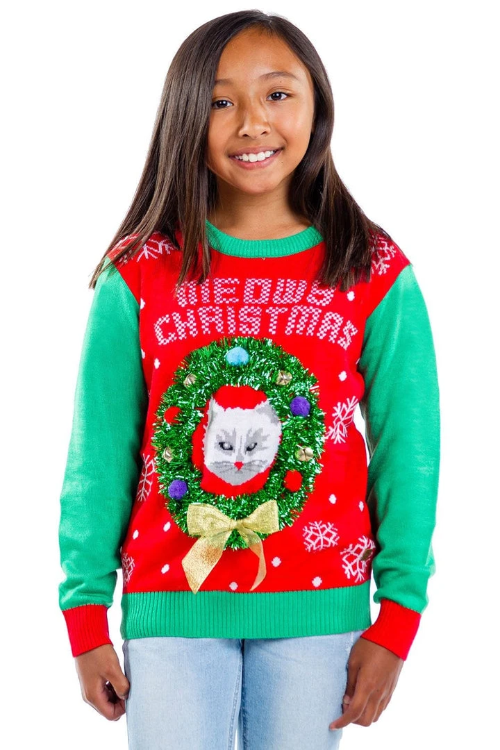 Tipsy Elves Boy's / Girl's Cat In Wreath Ugly Christmas Sweater 3 Tipsy Elves Boy's / Girl's Cat In Wreath Ugly Christmas Sweater