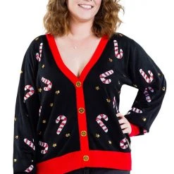 Tipsy Elves Women's Sequin Candy Cane Plus Size Cardigan