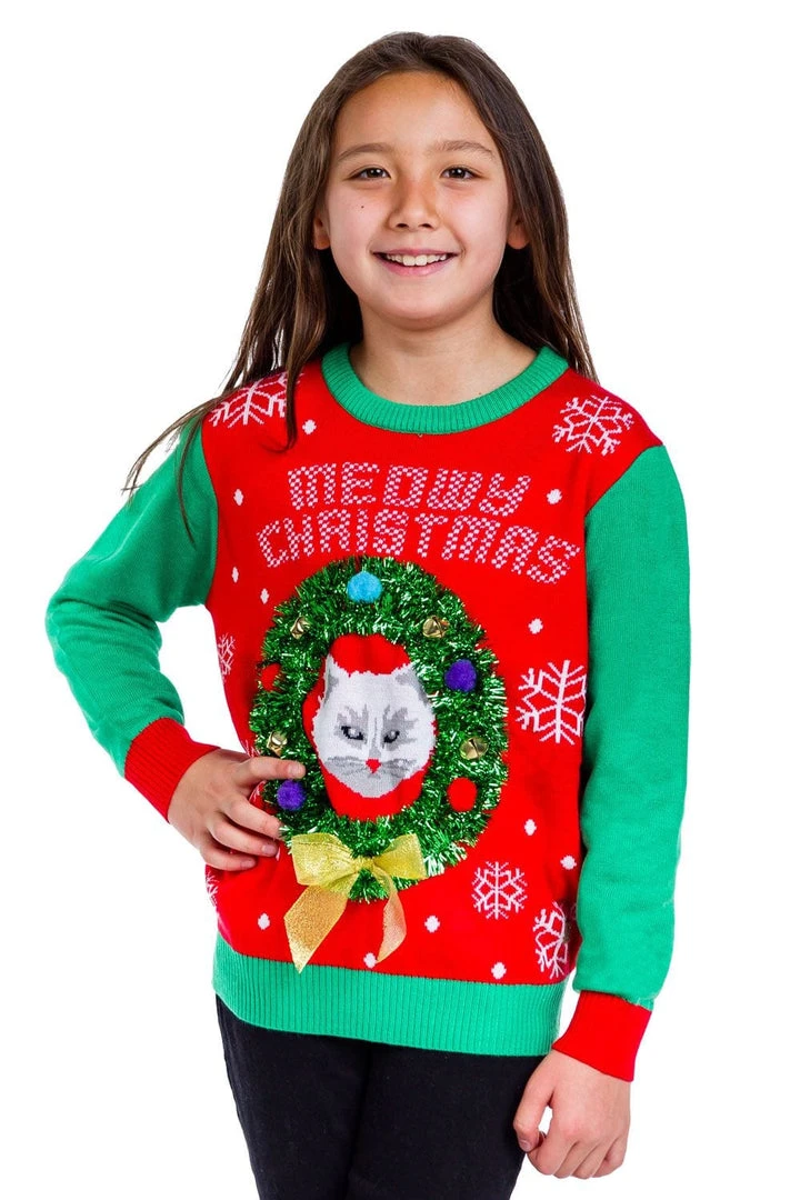 Tipsy Elves Boy's / Girl's Cat In Wreath Ugly Christmas Sweater 7 Tipsy Elves Boy's / Girl's Cat In Wreath Ugly Christmas Sweater