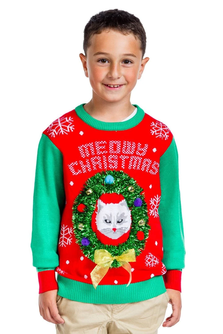 Tipsy Elves Boy's / Girl's Cat In Wreath Ugly Christmas Sweater 5 Tipsy Elves Boy's / Girl's Cat In Wreath Ugly Christmas Sweater