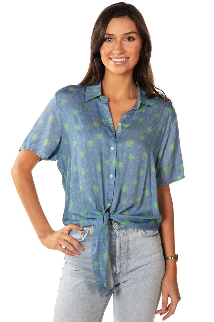 Tipsy Elves Women's Charmbray Clover Tie-Front Shirt 3 Tipsy Elves Women's Charmbray Clover Tie-Front Shirt
