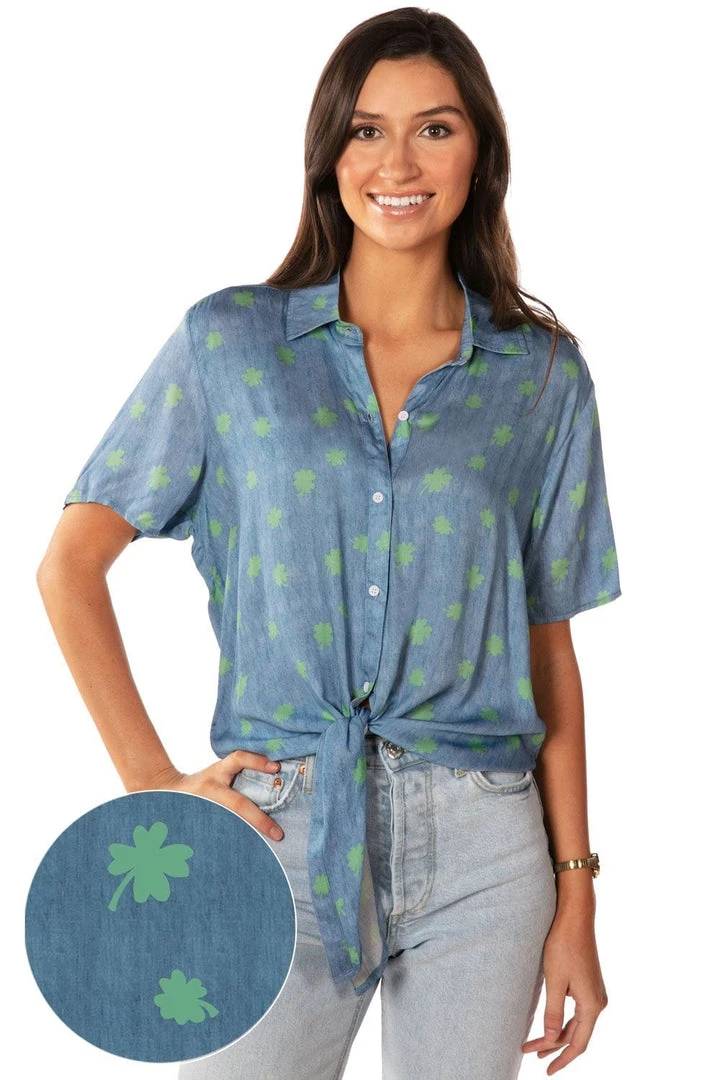 Tipsy Elves Women's Charmbray Clover Tie-Front Shirt 5 Tipsy Elves Women's Charmbray Clover Tie-Front Shirt