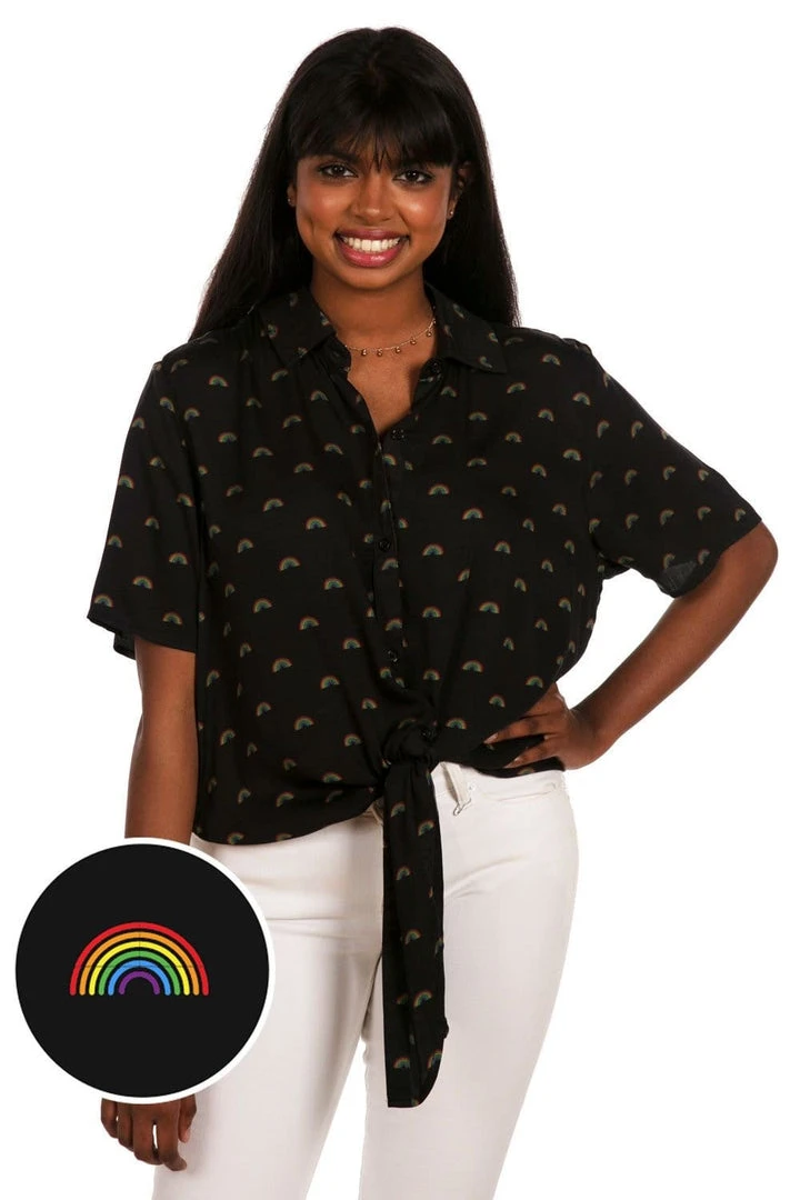 Tipsy Elves Black Rainbow All The Way Tie-Front Shirt - Women's Cut 3 Tipsy Elves Black Rainbow All The Way Tie-Front Shirt - Women's Cut
