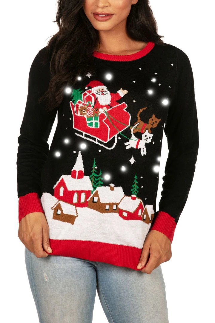 Tipsy Elves Women's Meowy Christmas Sleigh Light Up Ugly Christmas Sweater 3 Tipsy Elves Women's Meowy Christmas Sleigh Light Up Ugly Christmas Sweater