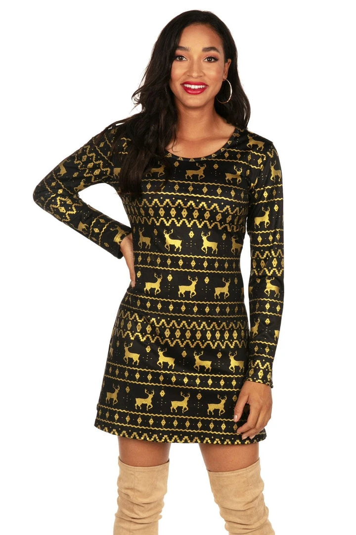 Tipsy Elves Women's Gold Foil Fair Isle Dress 4 Tipsy Elves Women's Gold Foil Fair Isle Dress