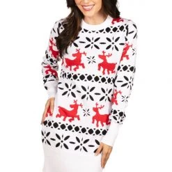 Tipsy Elves Women's Red And White Reindeer Sweater Dress