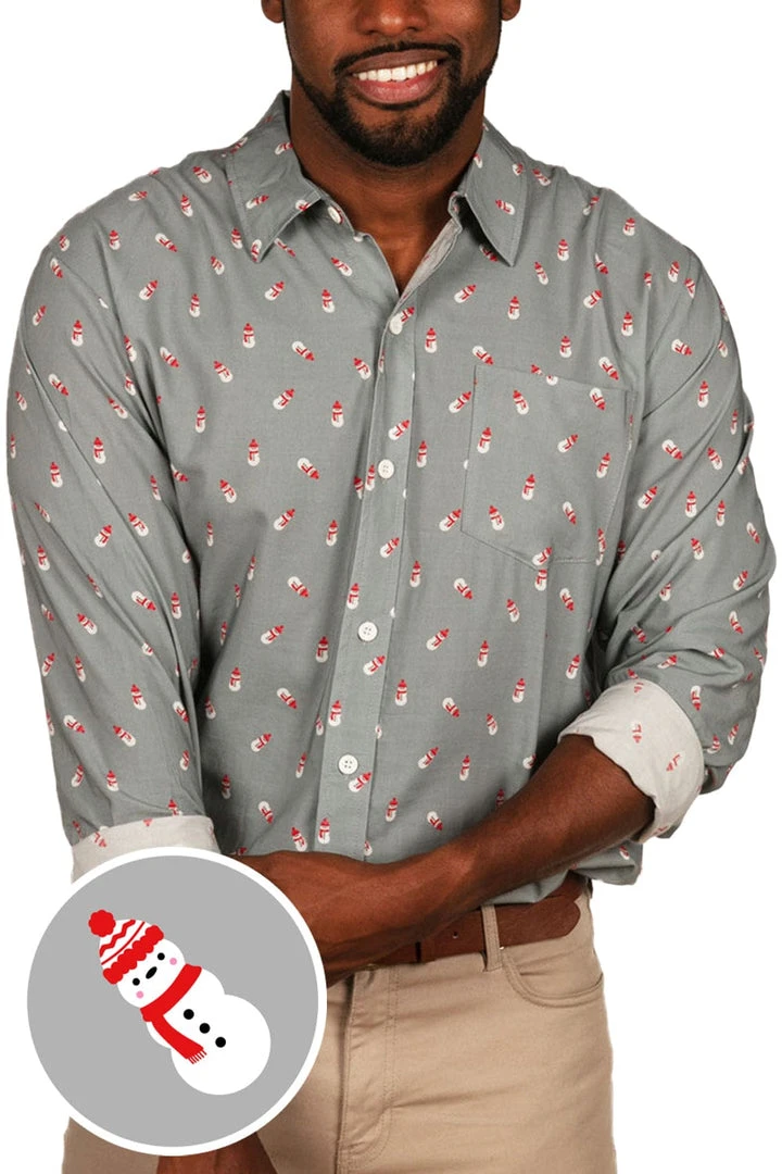 Tipsy Elves Men's Grey Snowman Long-Sleeve Button Down Shirt 3 Tipsy Elves Men's Grey Snowman Long-Sleeve Button Down Shirt