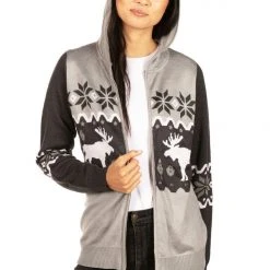 Tipsy Elves Women's Winter Moose Zip Up Hooded Sweater