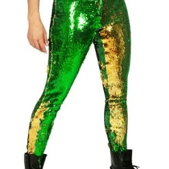 Tipsy Elves Women Green And Gold Reversible Sequin Mid-Waisted Leggings