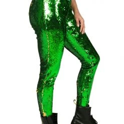 Tipsy Elves Women Green And Gold Reversible Sequin Mid-Waisted Leggings