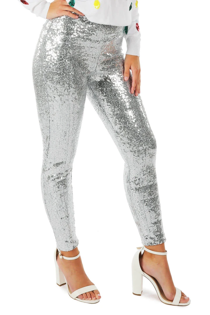 Tipsy Elves Women Silver Sequin High Waisted Leggings 3 Tipsy Elves Women Silver Sequin High Waisted Leggings