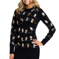 Tipsy Elves Women's Christmas Light Strand Sequin Sweater Dress
