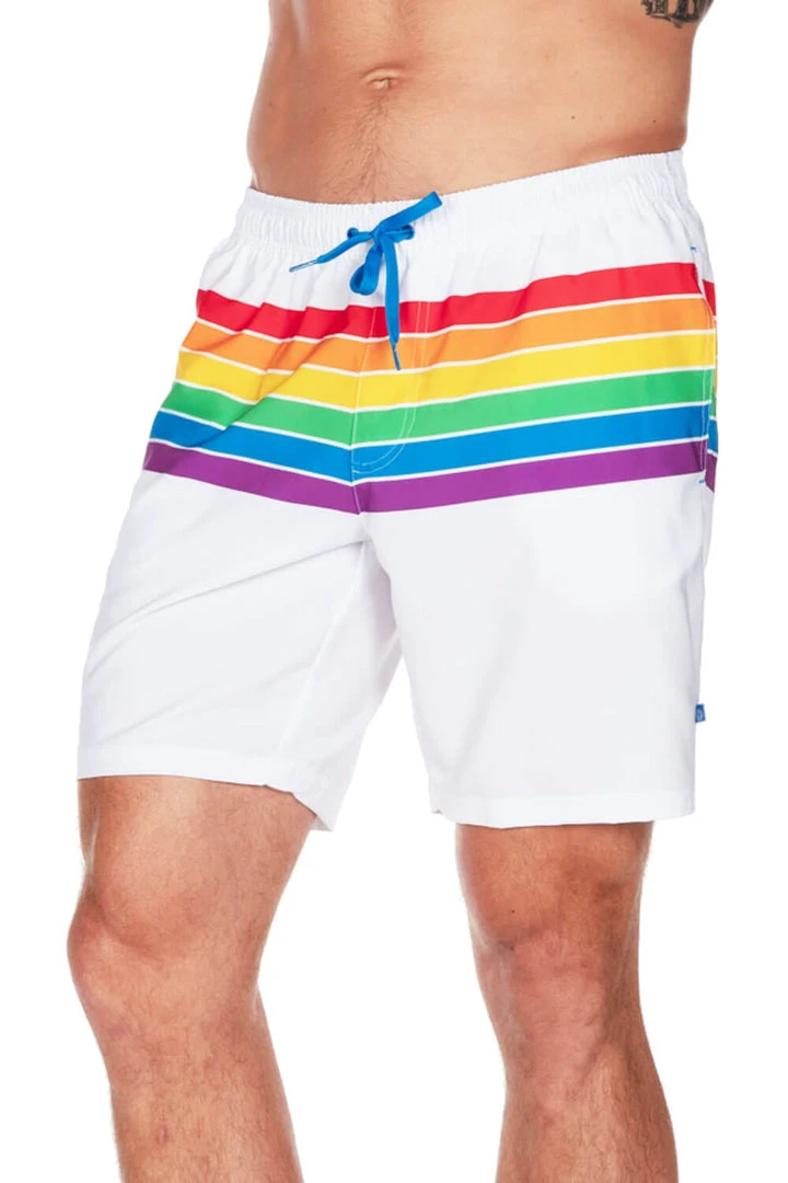 Tipsy Elves White Rainbow Stretch Swim Trunks - Men's Cut 5 Tipsy Elves White Rainbow Stretch Swim Trunks - Men's Cut
