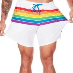 Tipsy Elves White Rainbow Stretch Swim Trunks - Men's Cut