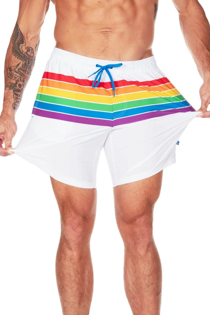Tipsy Elves White Rainbow Stretch Swim Trunks - Men's Cut 4 Tipsy Elves White Rainbow Stretch Swim Trunks - Men's Cut
