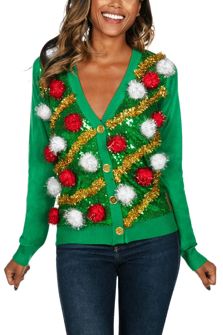 Tipsy Elves Women's Pom Party Ugly Christmas Cardigan 3 Tipsy Elves Women's Pom Party Ugly Christmas Cardigan