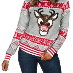 Tipsy Elves Women's Sequin Rudolph Light Up Ugly Christmas Sweater