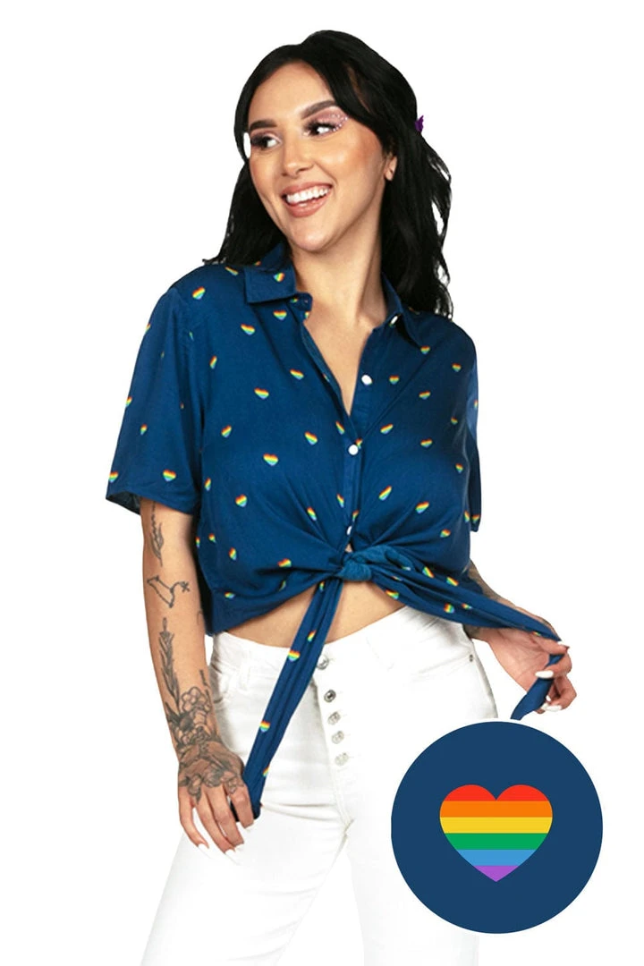 Tipsy Elves Rainbow Hearts Tie-Front Shirt - Women's Cut 3 Tipsy Elves Rainbow Hearts Tie-Front Shirt - Women's Cut